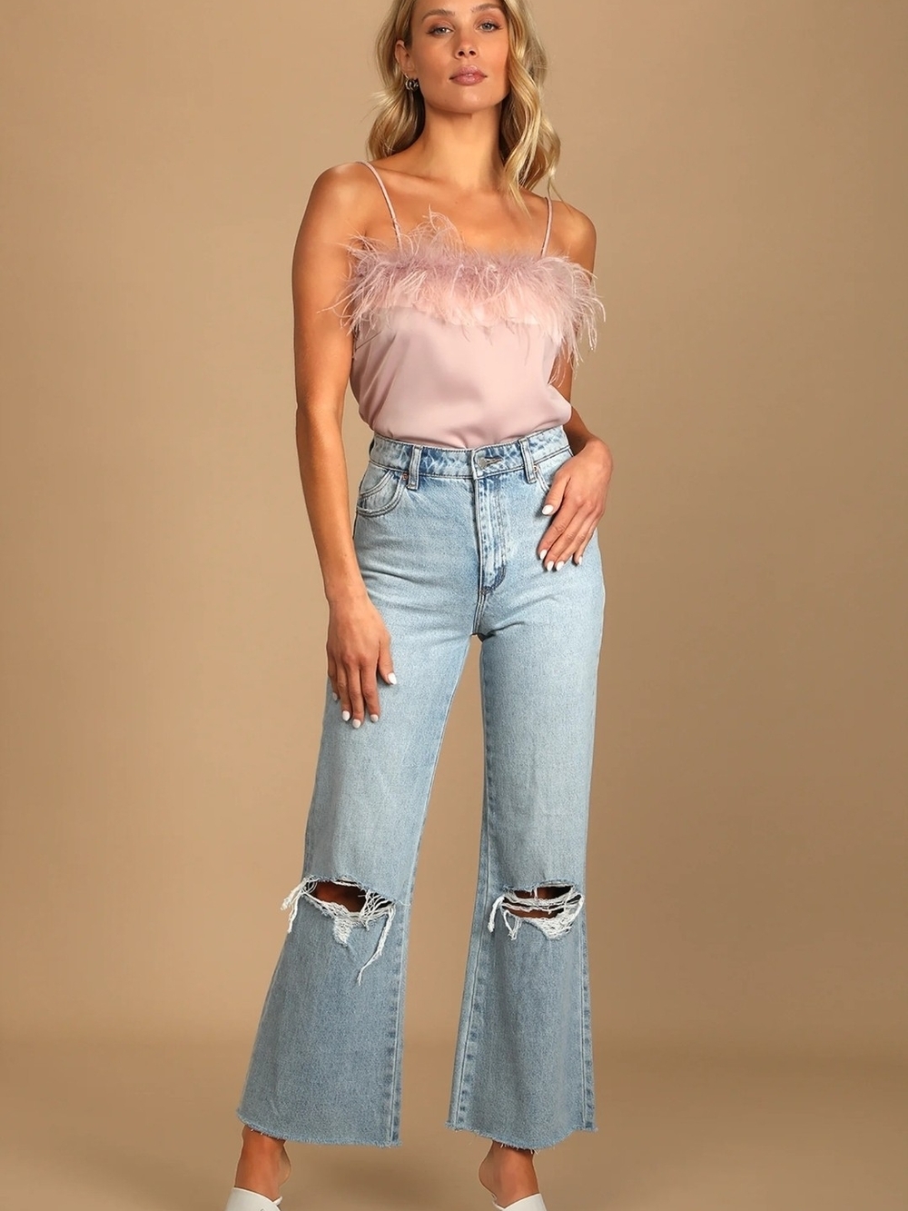 Lulus So Much Luxe Blush Pink Satin Feather Tank Top Cami size S